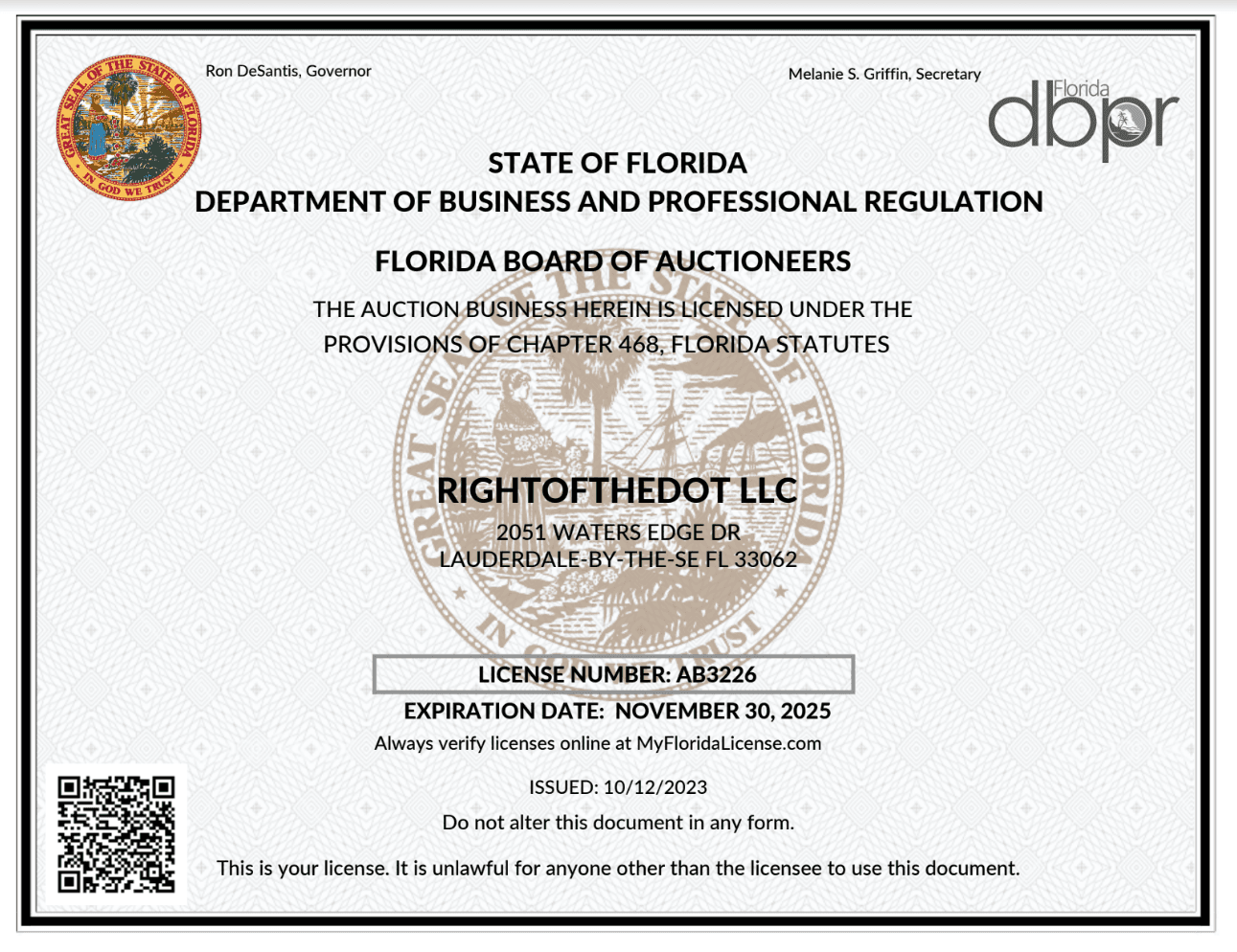 Florida Board of Auctioneers License — RightOfTheDot LLC #AB3226